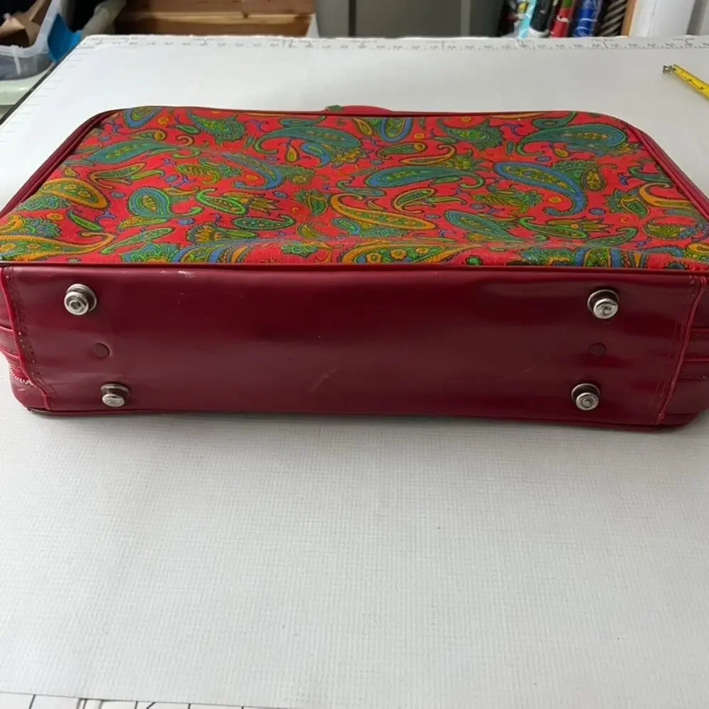 Vintage 60's 70's Paisley Red Travel Luggage Overnight